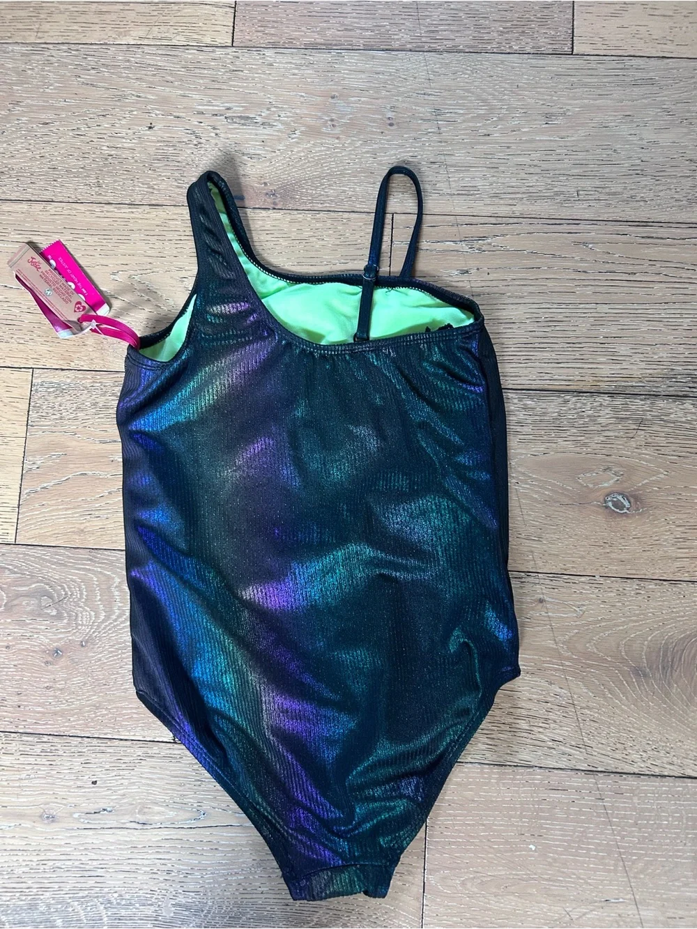 Justice Girls' Black Iridescent One-Piece Swimsuit with Lime Lining